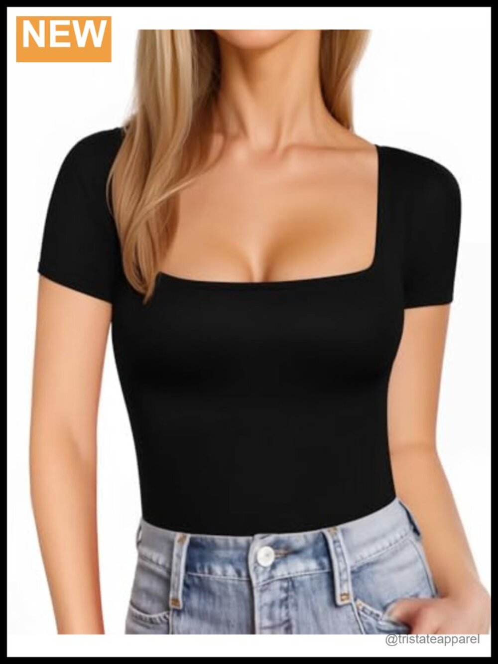 Square Neck Short Sleeve Fitted Tee Soft Stretch Casual Y2K Top